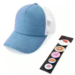 Women's Blue and White Baseball /Trucker Hat with decorative Pins NWT